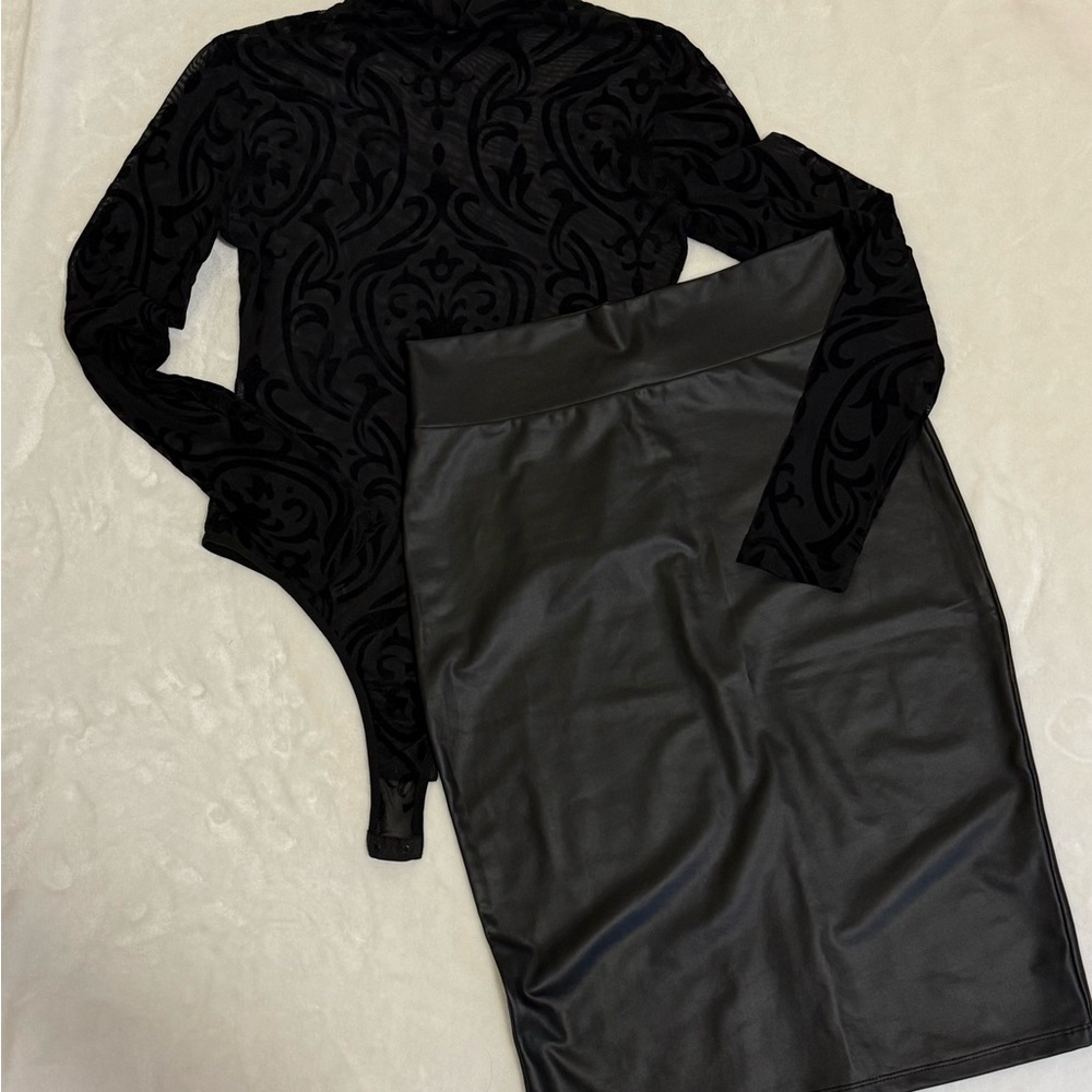 Faux Leather Skirt And Velvet Bodysuit Set.